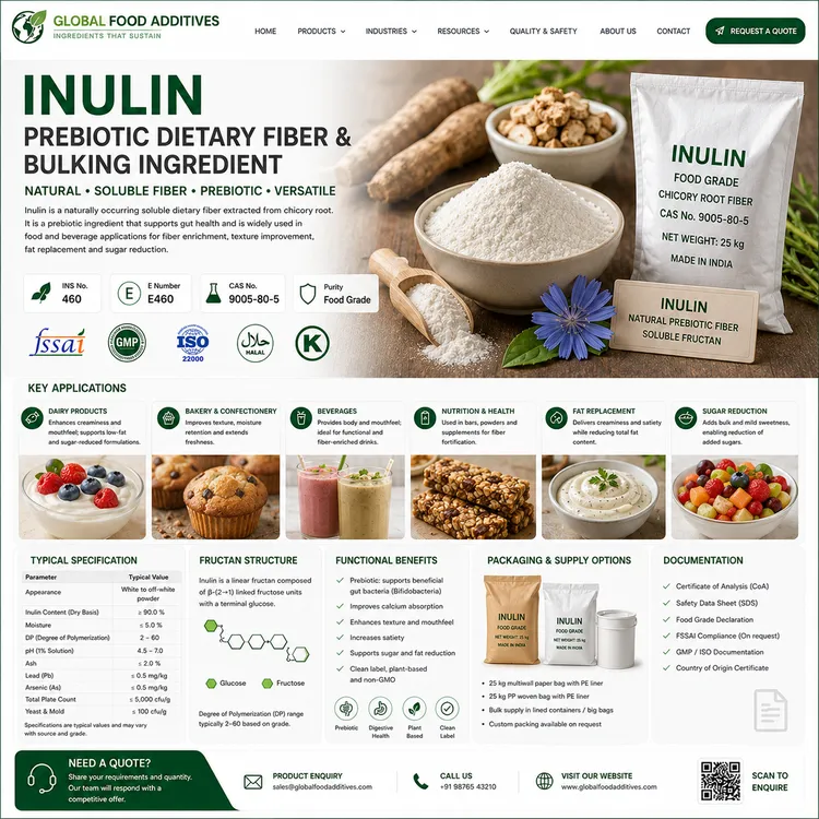 Food-grade inulin prebiotic soluble fiber powder for industrial food applications