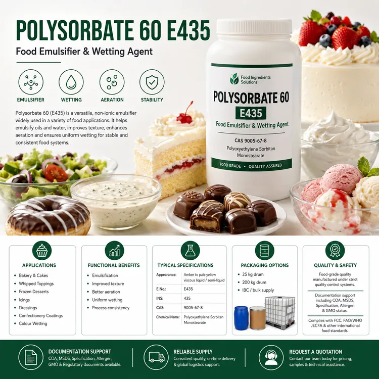 Polysorbate 60 E435 food-grade emulsifier food additive ingredient illustration
