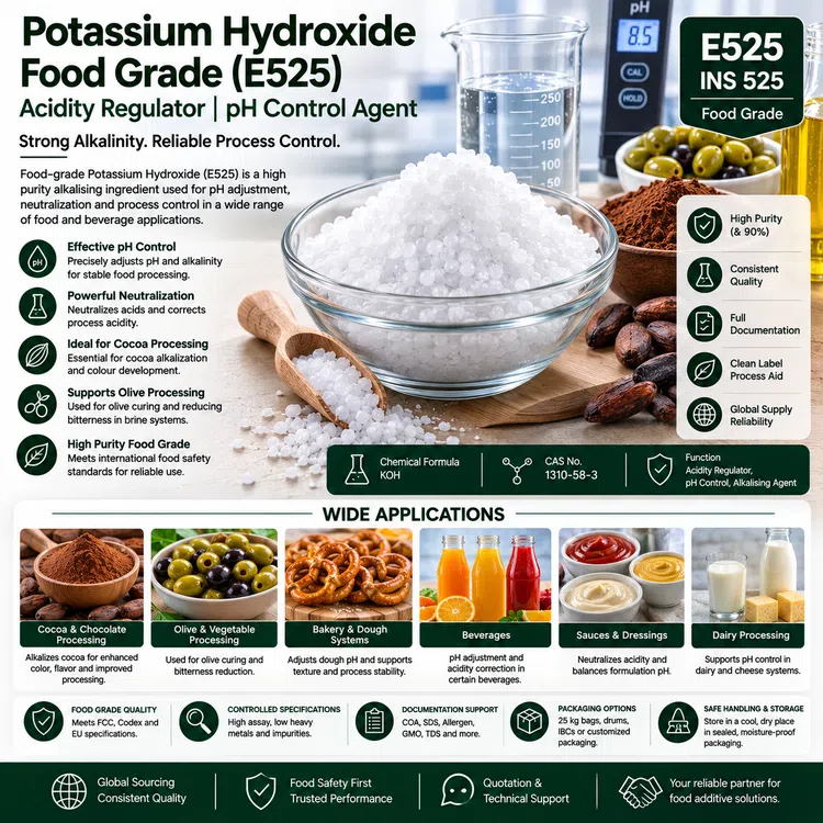 Potassium Hydroxide Food Grade E525 acidity regulator food additive ingredient illustration