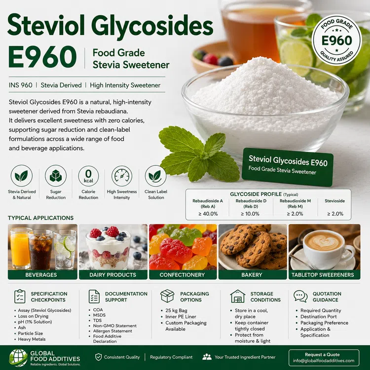 Food-grade Steviol Glycosides E960 stevia-derived high-intensity sweetener for industrial food and beverage manufacturing
